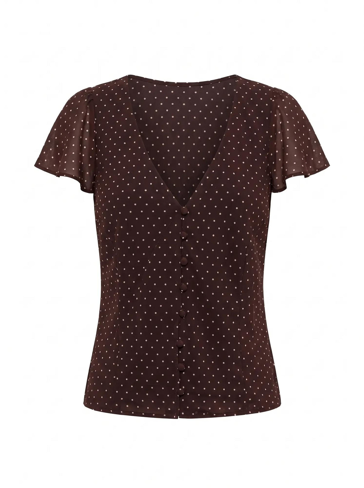 Daphne Petite Flutter Sleeve Blouse Choc Speckle Spot Co-ord_mannequin