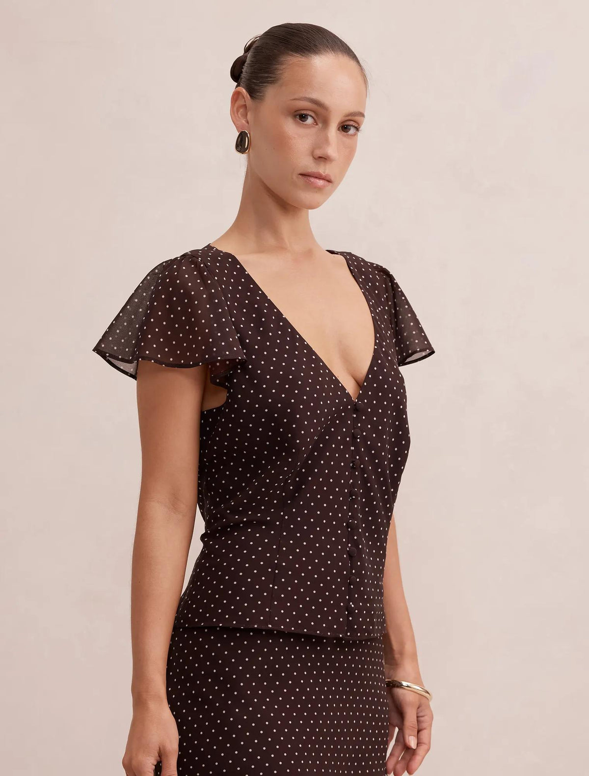 Daphne Petite Flutter Sleeve Blouse Choc Speckle Spot Co-ord