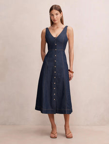 Anna V-Neck Chambray Midi Dress Dark Indigo Chambray