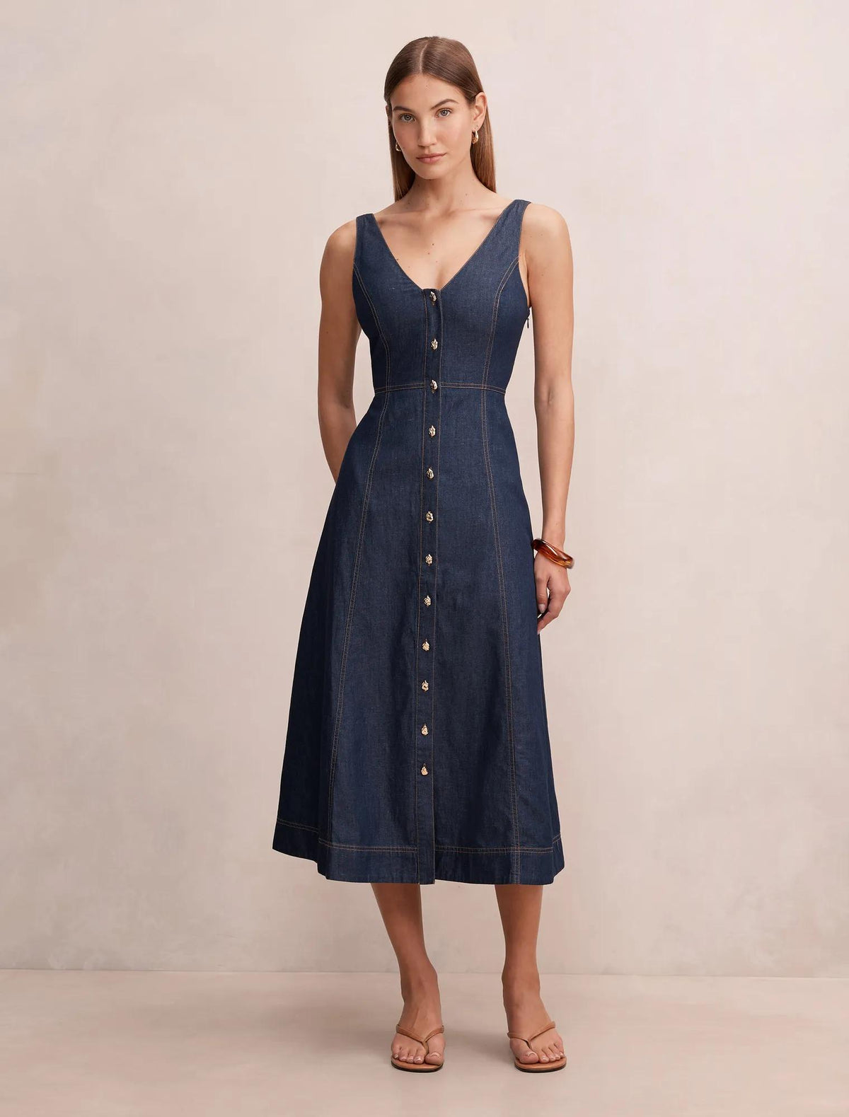 Anna V-Neck Chambray Midi Dress Dark Indigo Chambray