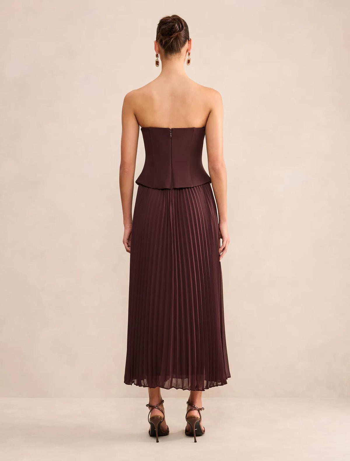 August Pleated Corset Midi Dress Dark Chocolate