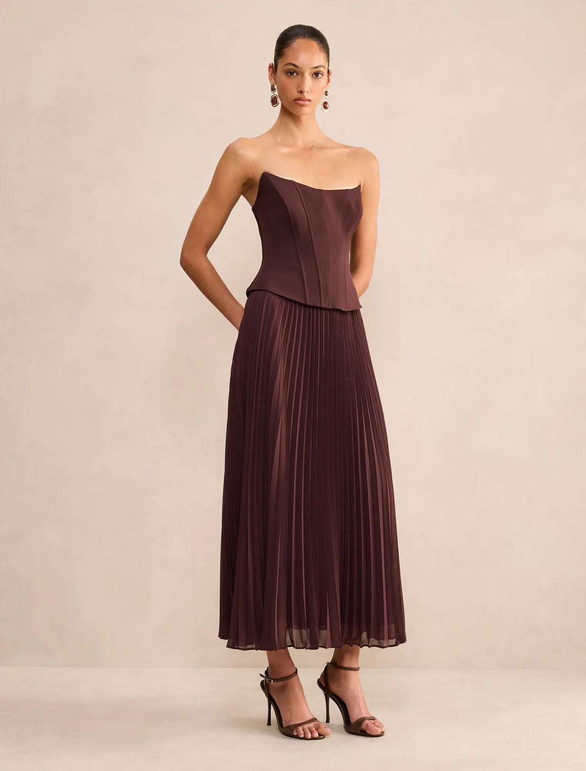 August Pleated Corset Midi Dress Dark Chocolate