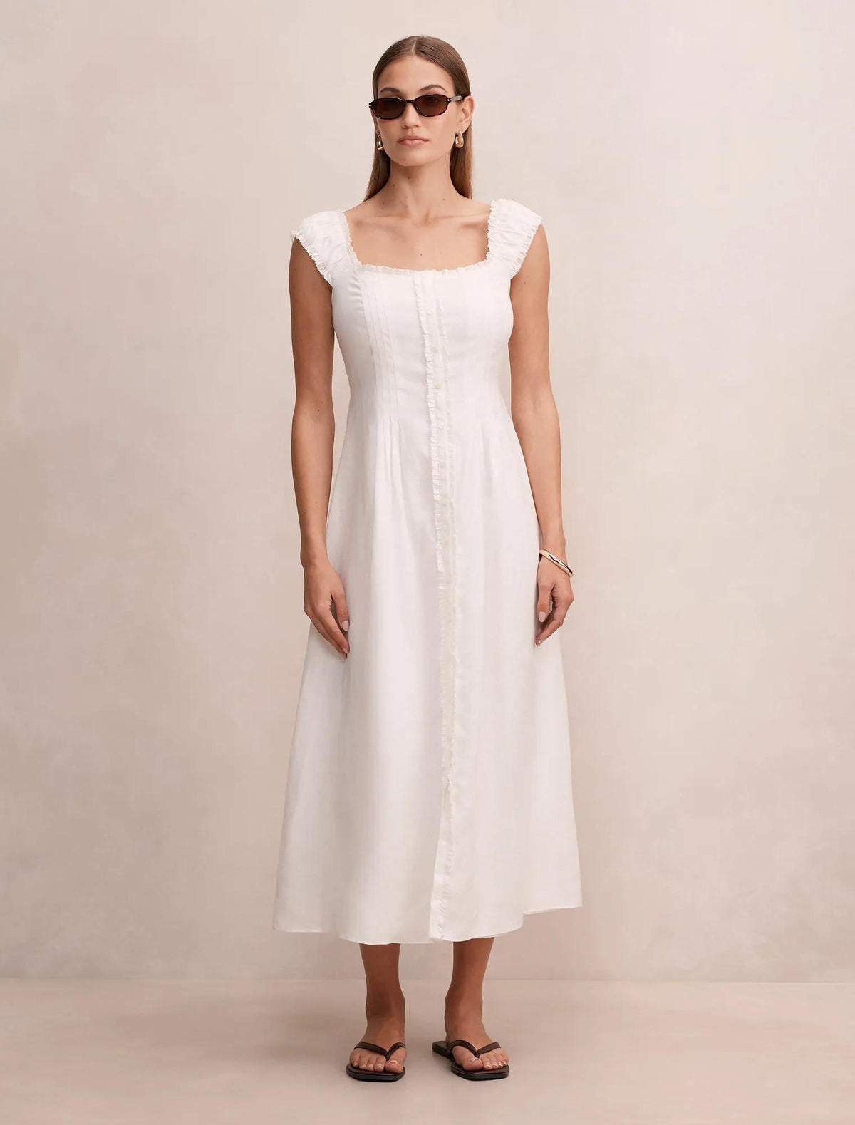 Adriana Pintuck Linen Midi Dress Porcelain