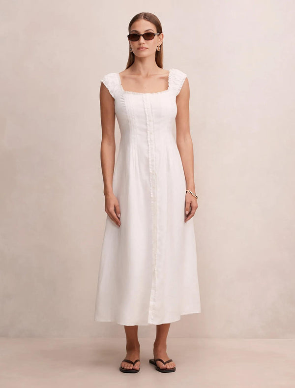Adriana Pintuck Linen Midi Dress Porcelain