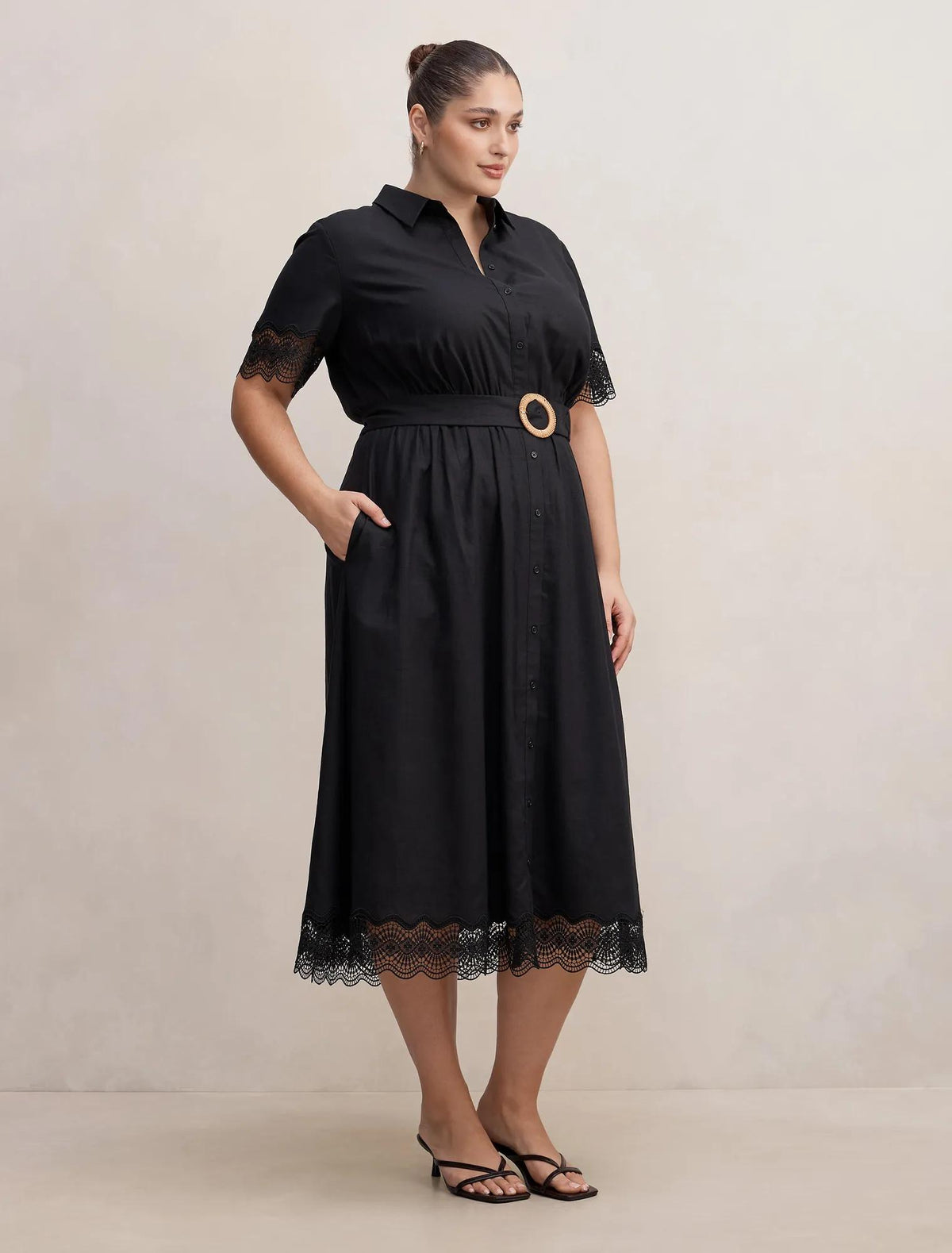 Eliana Curve Lace Trim Midi Dress Black