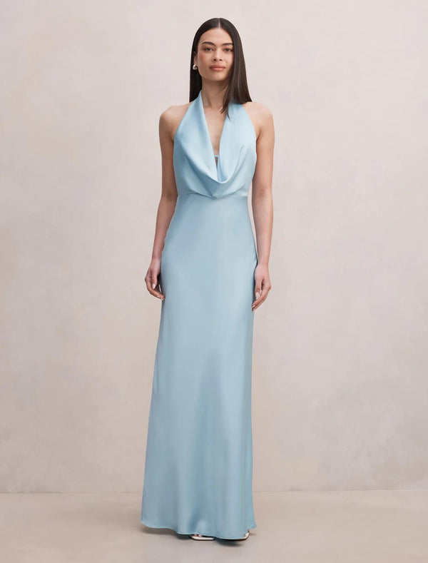 Becca Cowl Halter Satin Gown Seafoam Aqua