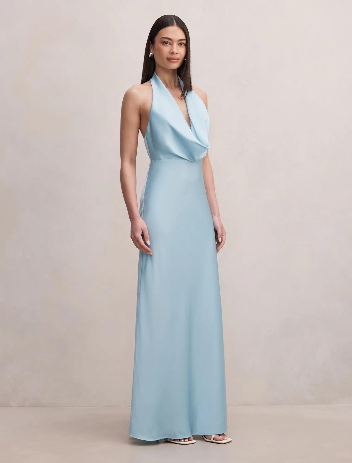 Becca Cowl Halter Satin Gown Seafoam Aqua