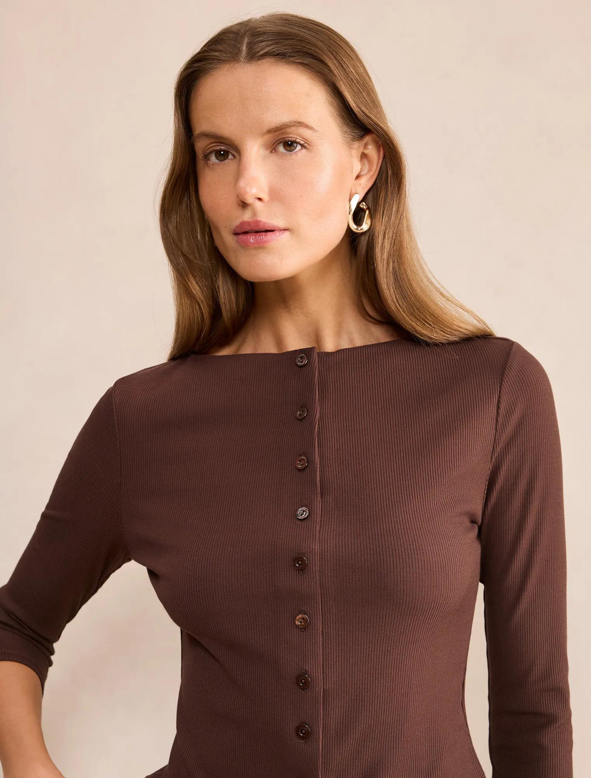 Julia Rib 3/4 Sleeve Cardigan Chocolate