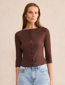 Julia Rib 3/4 Sleeve Cardigan Chocolate