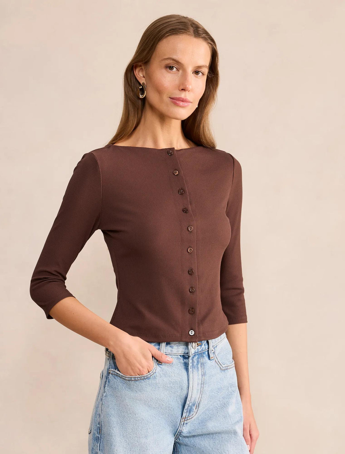 Julia Rib 3/4 Sleeve Cardigan Chocolate