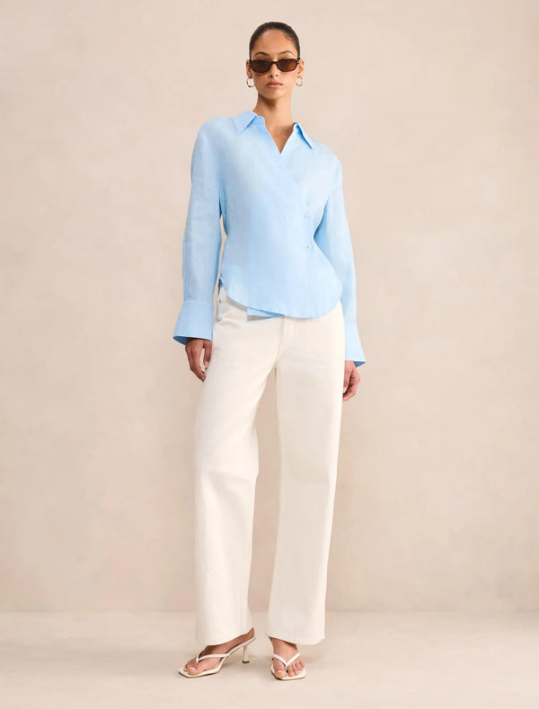 Tina Linen Tie Back Shirt Blue