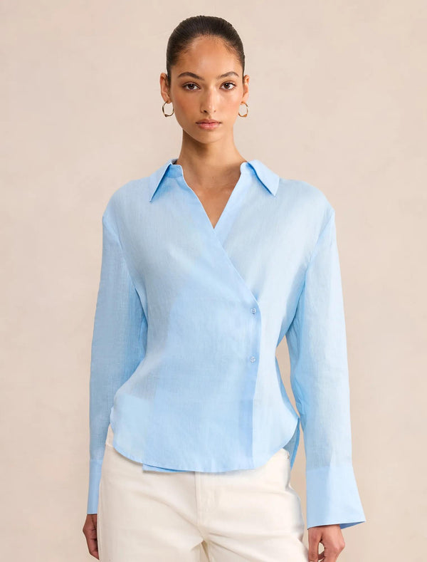 Tina Linen Tie Back Shirt Blue