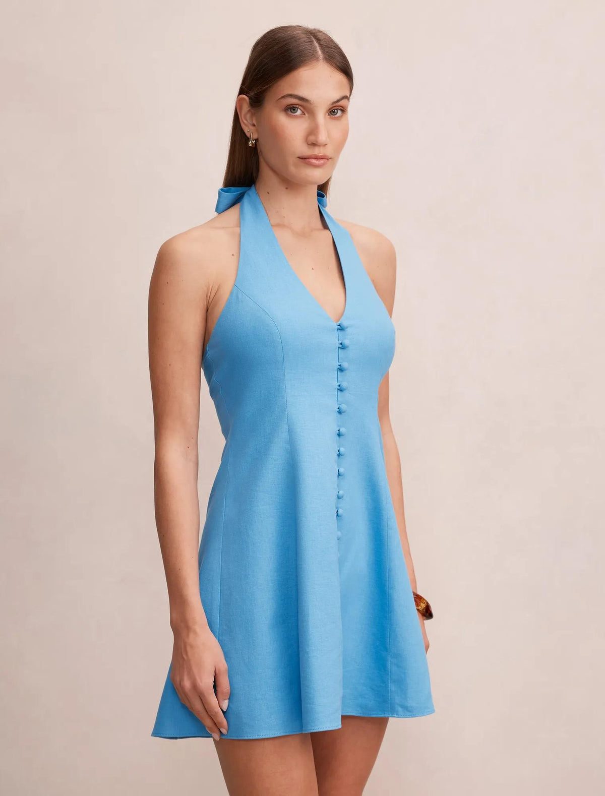 Ina Button Front Halter Mini Dress Blue Lemonade