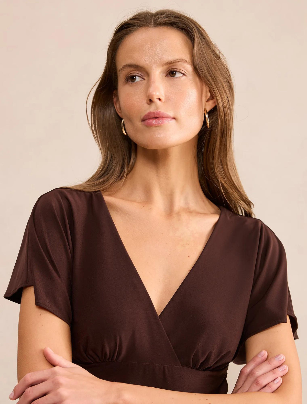 Bobbie Wrap Flutter Sleeve Top Chocolate