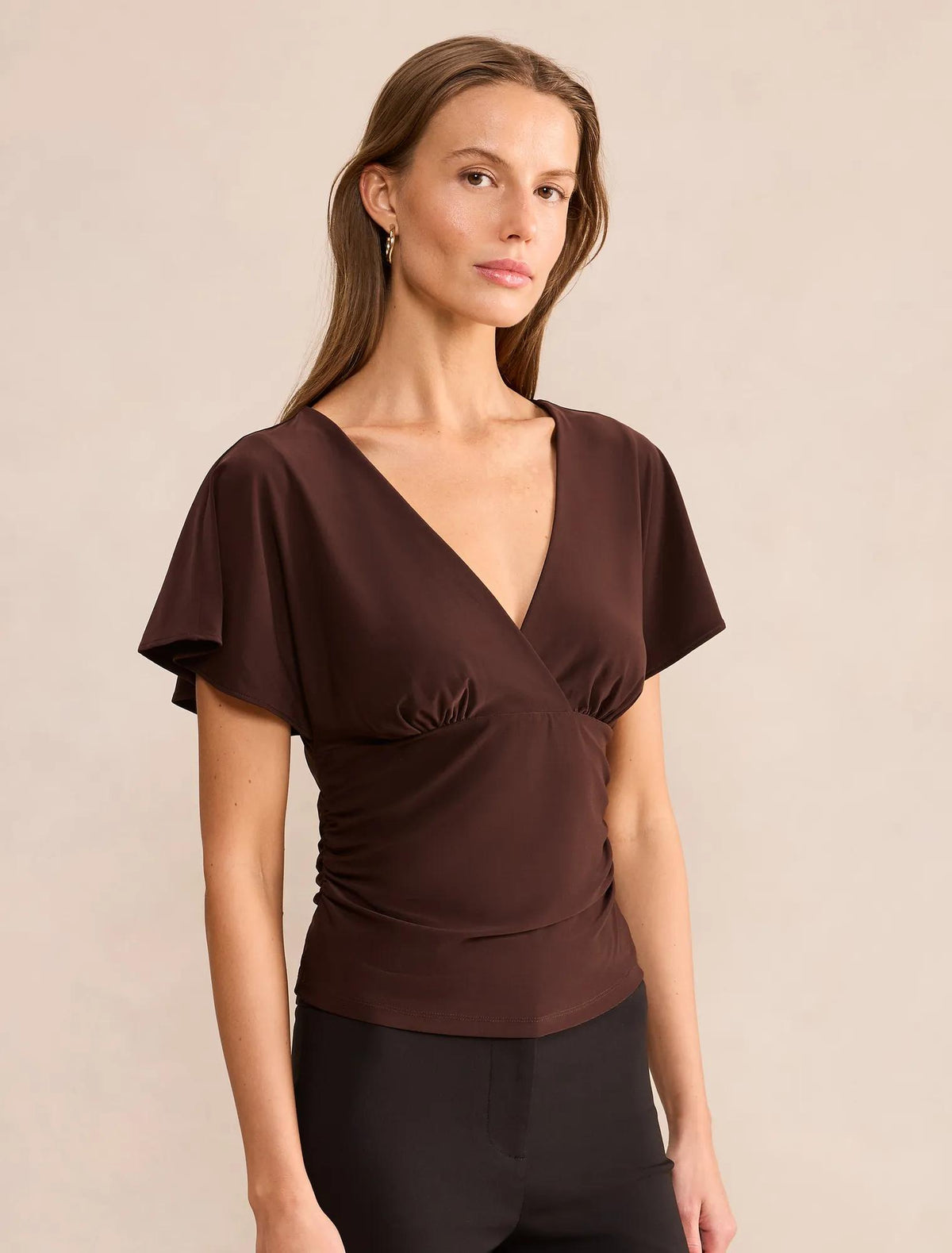 Bobbie Wrap Flutter Sleeve Top Chocolate