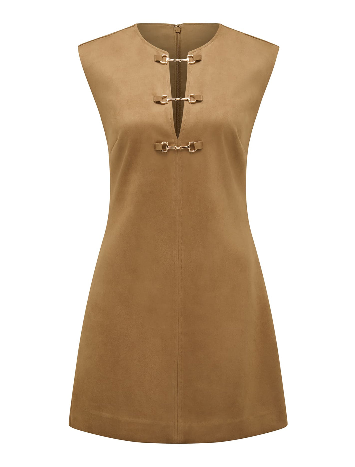 Clover Snaffle-Detail Faux Suede Mini Dress  Brown_mannequin