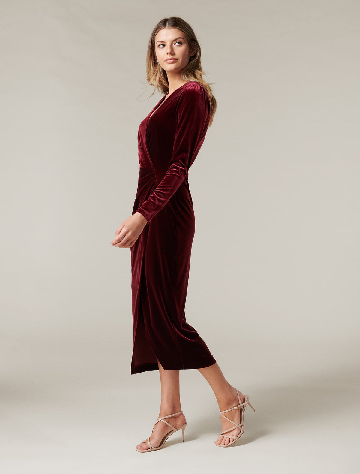 Evaliah Velvet Wrap Midi Dress Plum