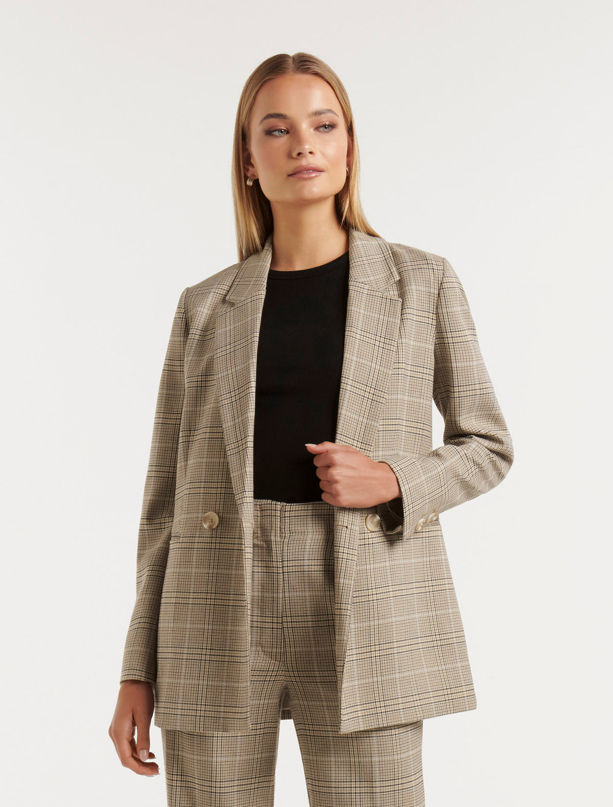 Fiona Check Double Breasted Blazer Camel/Blue Suit