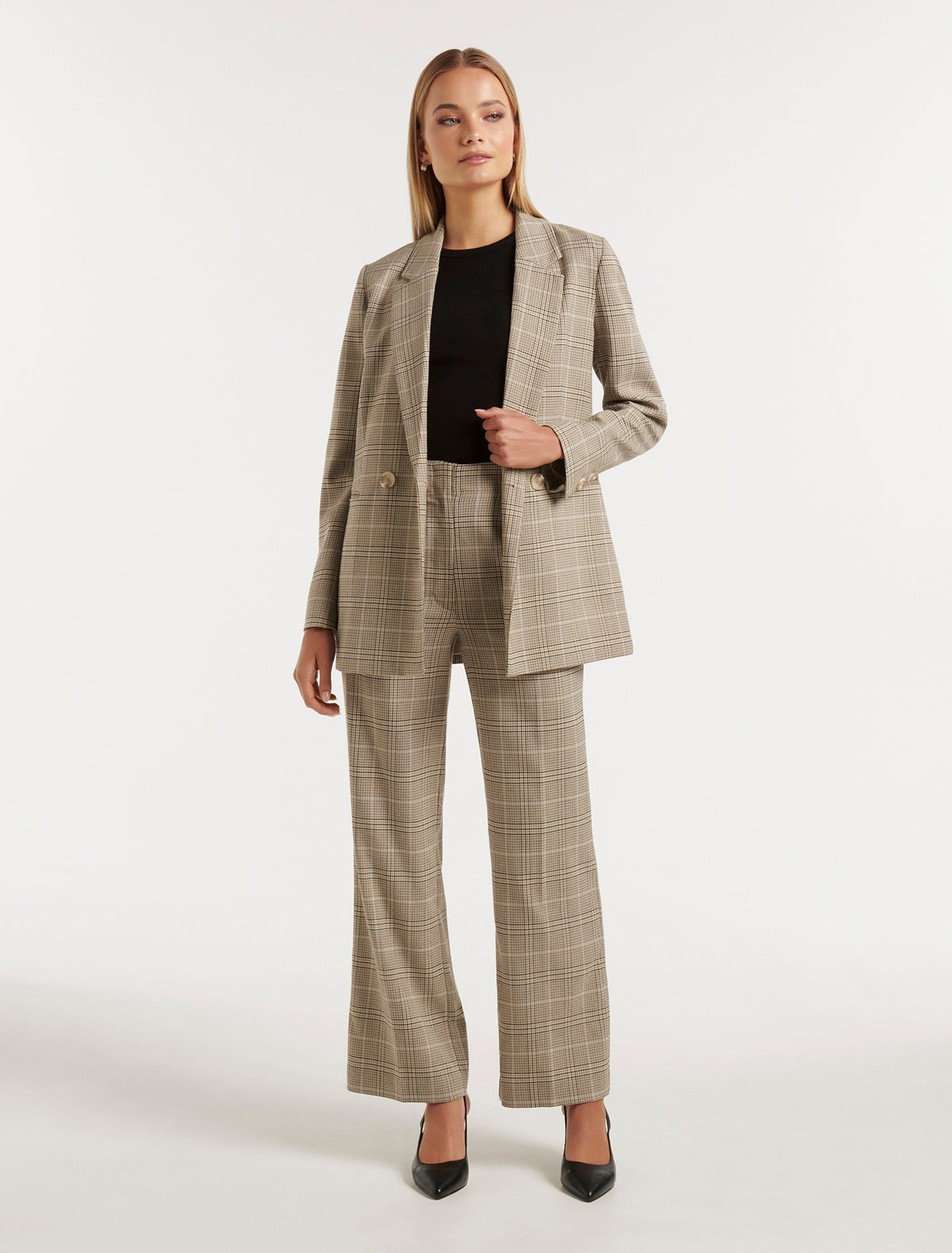 Fiona Check Double Breasted Blazer Camel/Blue Suit