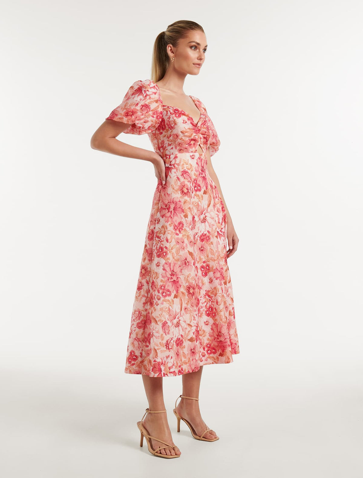 Quinni Twist Front Midi Dress Coral Elmhurst Floral