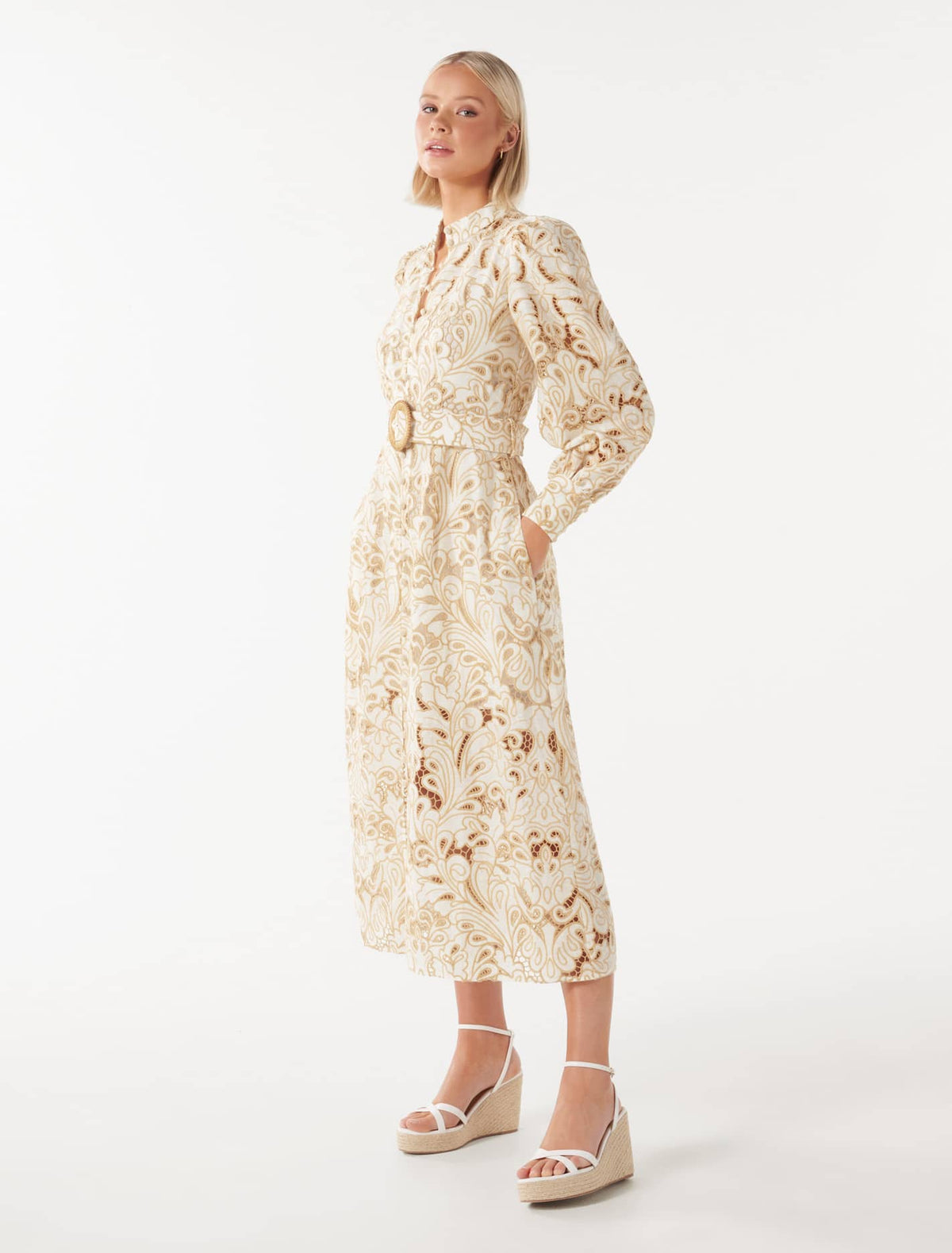 Fifi Broderie Long Sleeve Midi Dress Porcelain and Tan Broderie