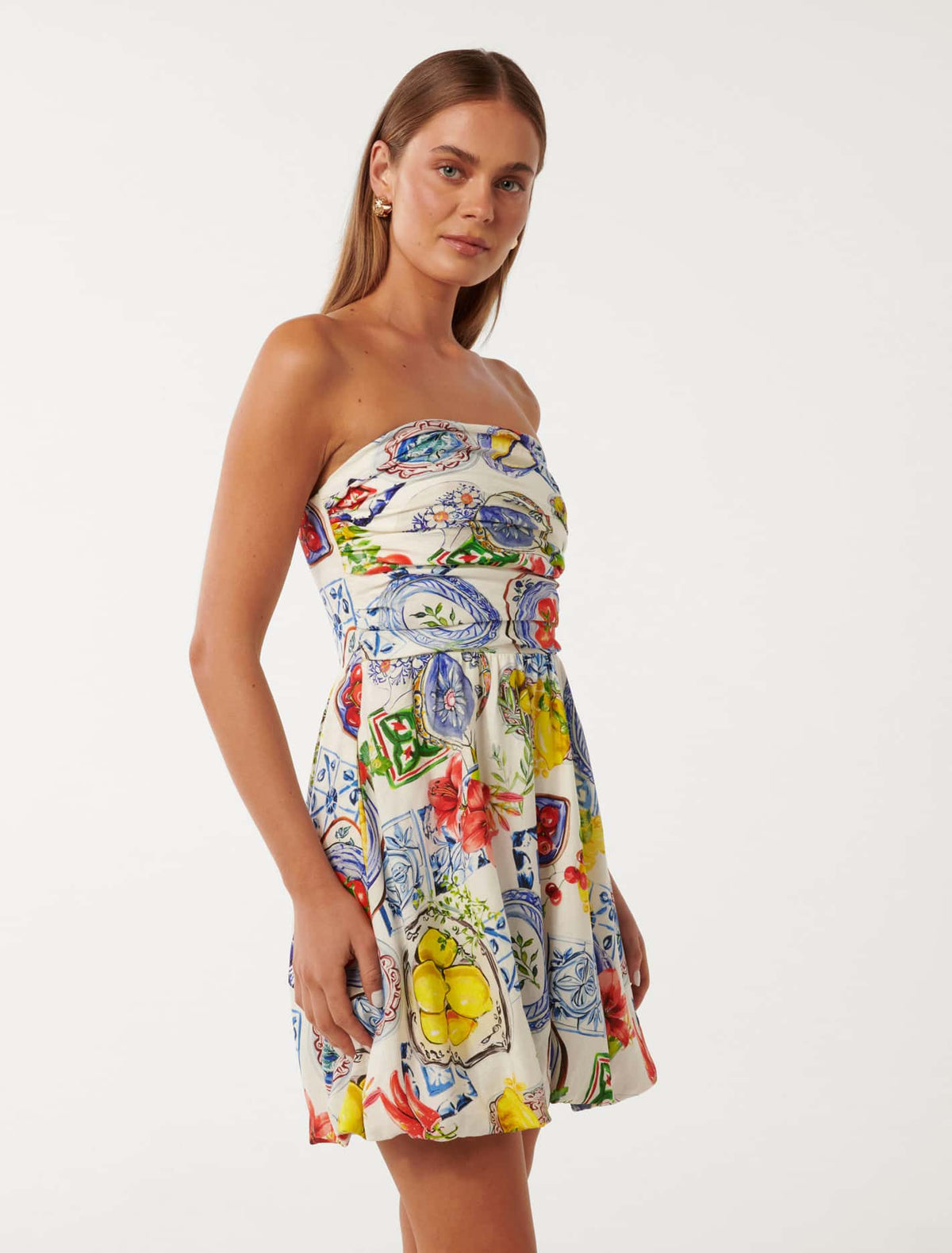 Phoebe Strapless Bubble-Hem Mini Dress Sorrento Tile