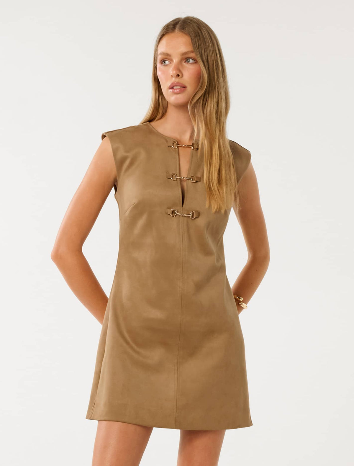 Clover Snaffle-Detail Faux Suede Mini Dress  Brown