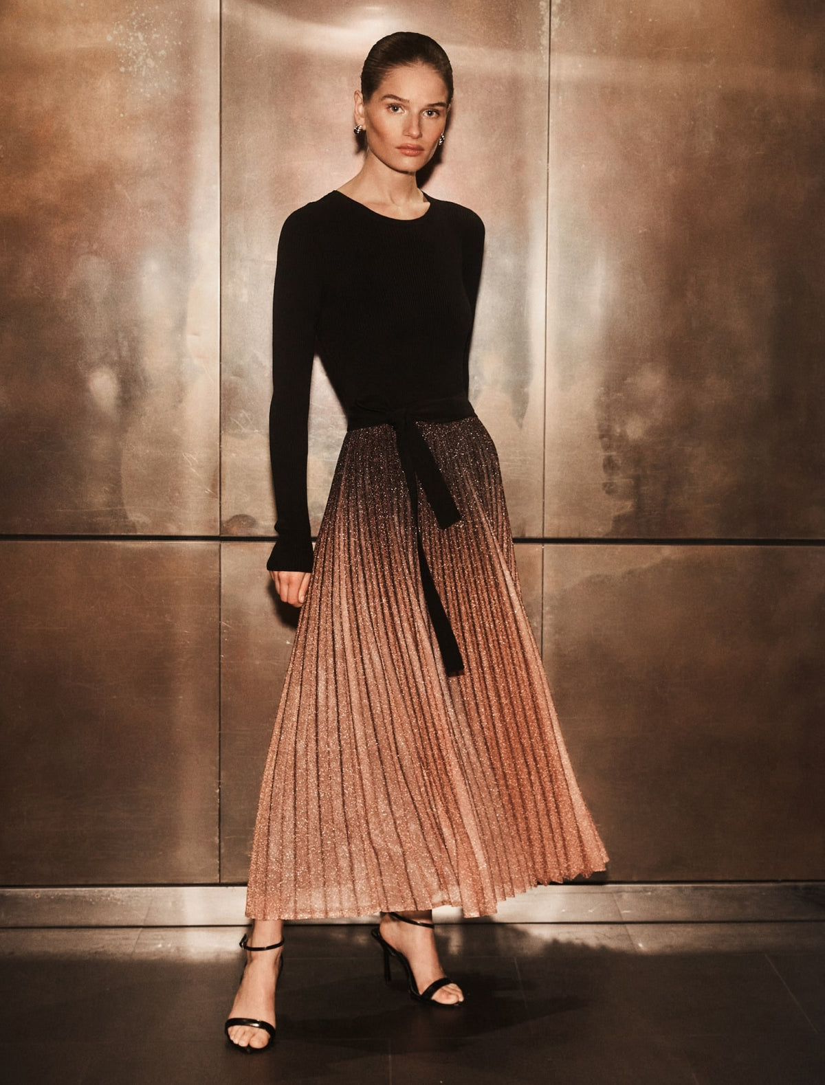 Celina Ombre Metallic Midi Dress Black