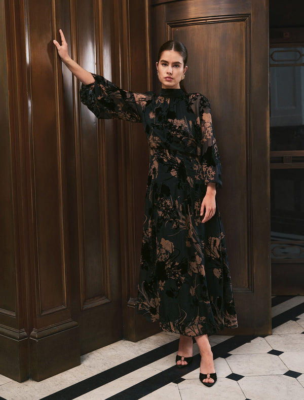 Janelle Velvet Burnout Maxi Dress Black/Brown