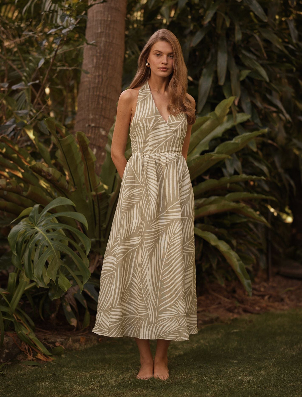Lilian Wrap Linen Halter Midi Dress Tuxen Leaf