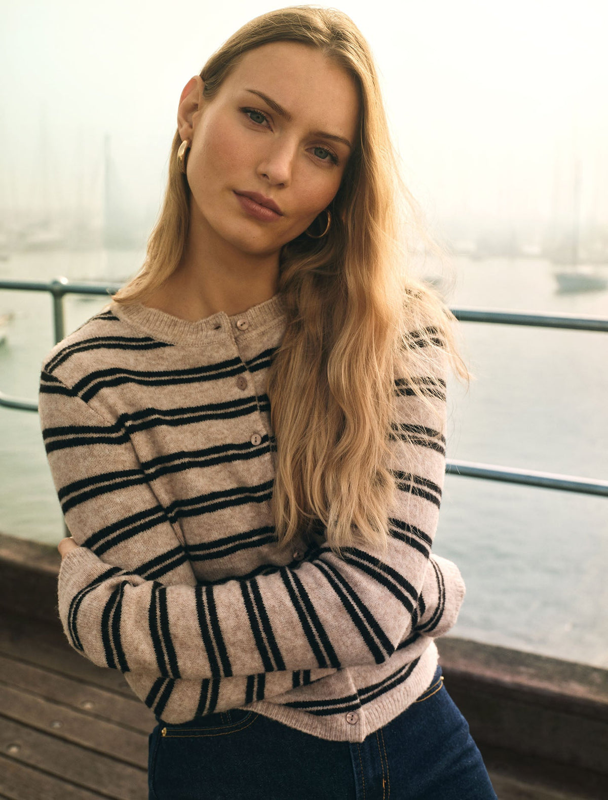 Eloise Stripe Knit Cardigan Mushroom/ Black Stripe