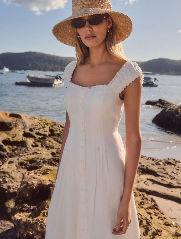 Adriana Pintuck Linen Midi Dress Porcelain