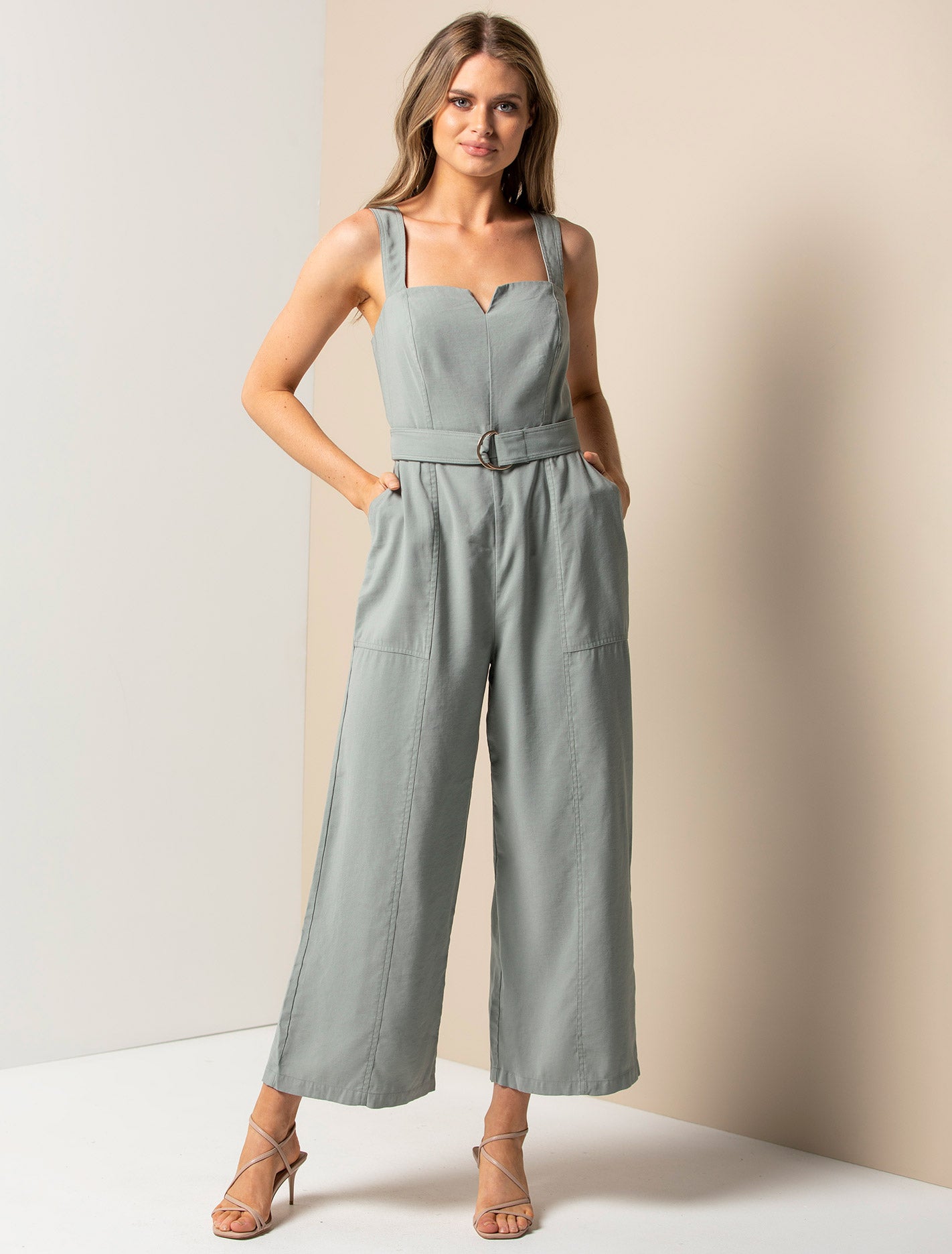 Wide leg belted jumpsuit deals