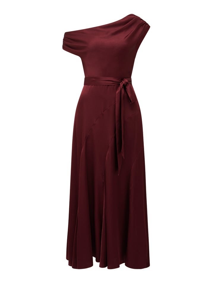Megan Satin Asymmetrical Midi Dress