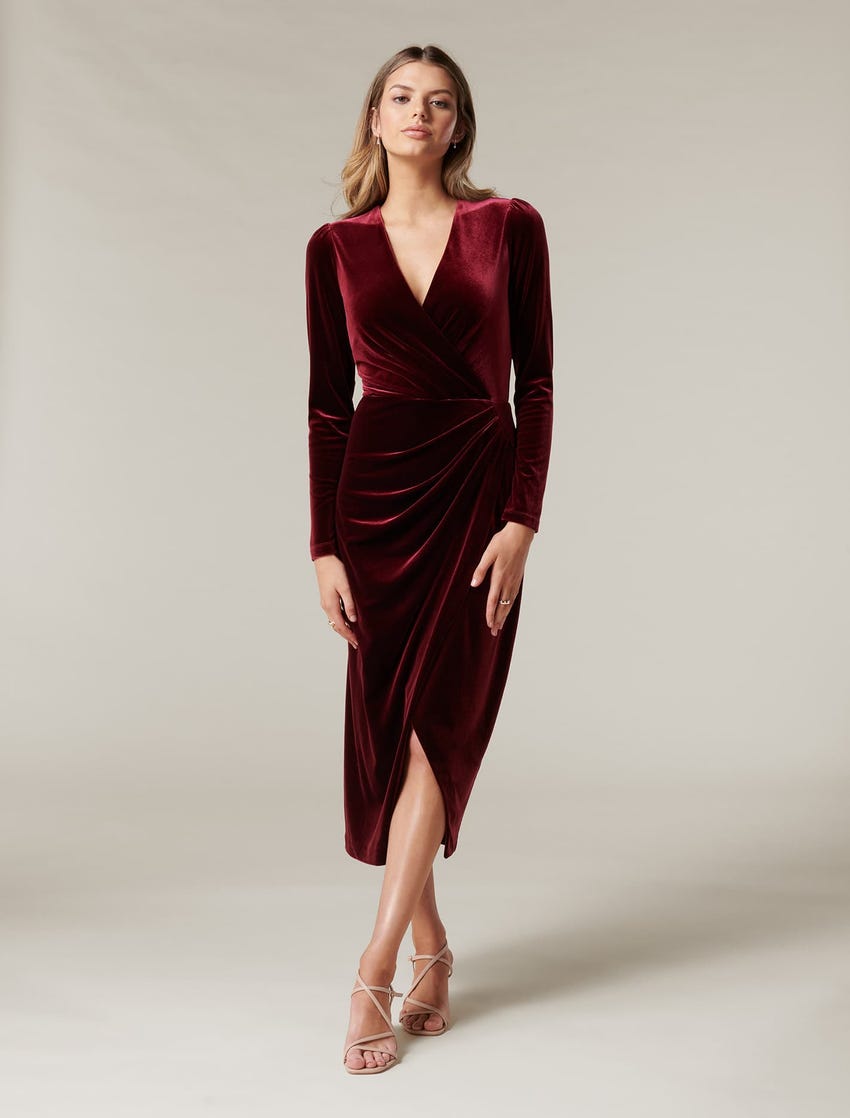 Evaliah Velvet Wrap Midi Dress